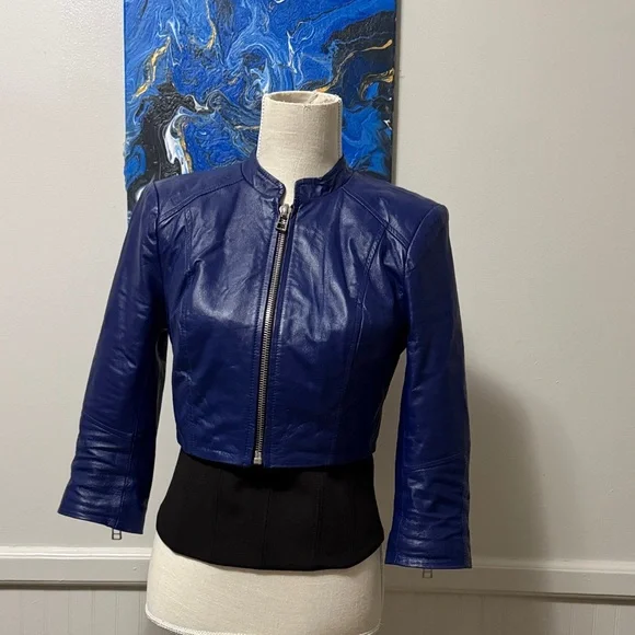 Bebe 100% leather crop Women's Blue Leather Jacket - Picture 4 of 13